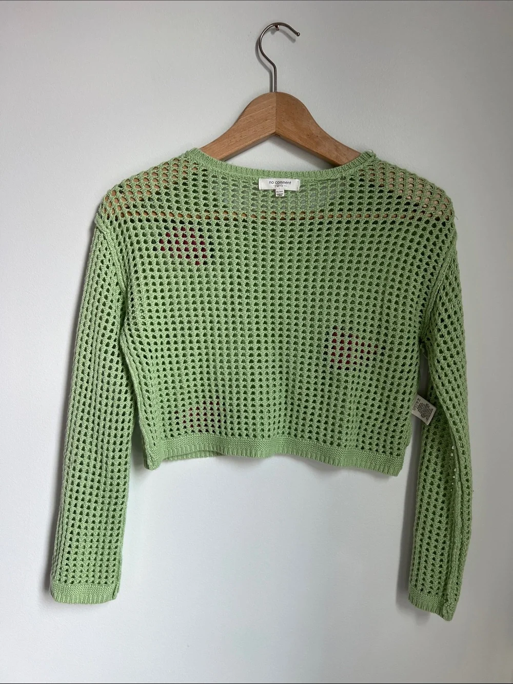 No Comment | Green Cropped Crochet Sweater Pink Watermelon Patches Size XL (16)